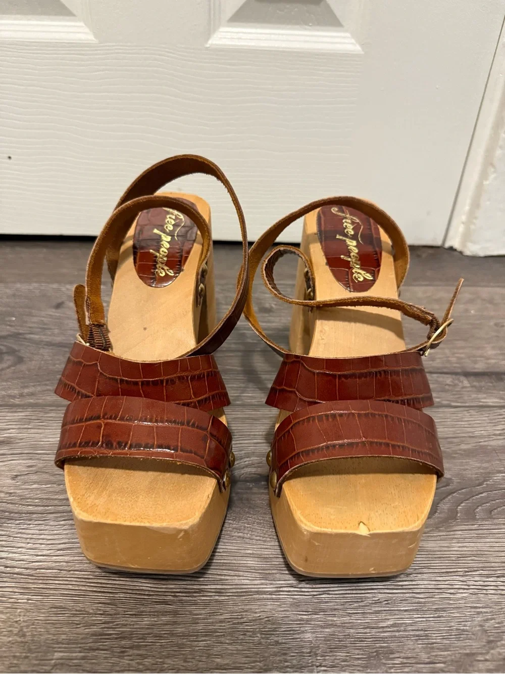 Free People Brown Leather Wood Platform Sandals Size 39